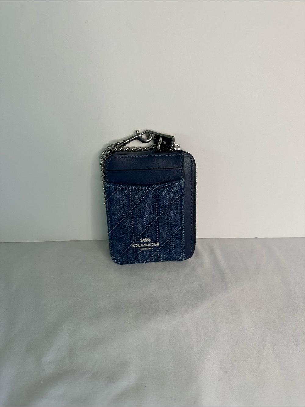 Coach Quilted Navy Denim Zip Card Case with Chain Accent CAR26